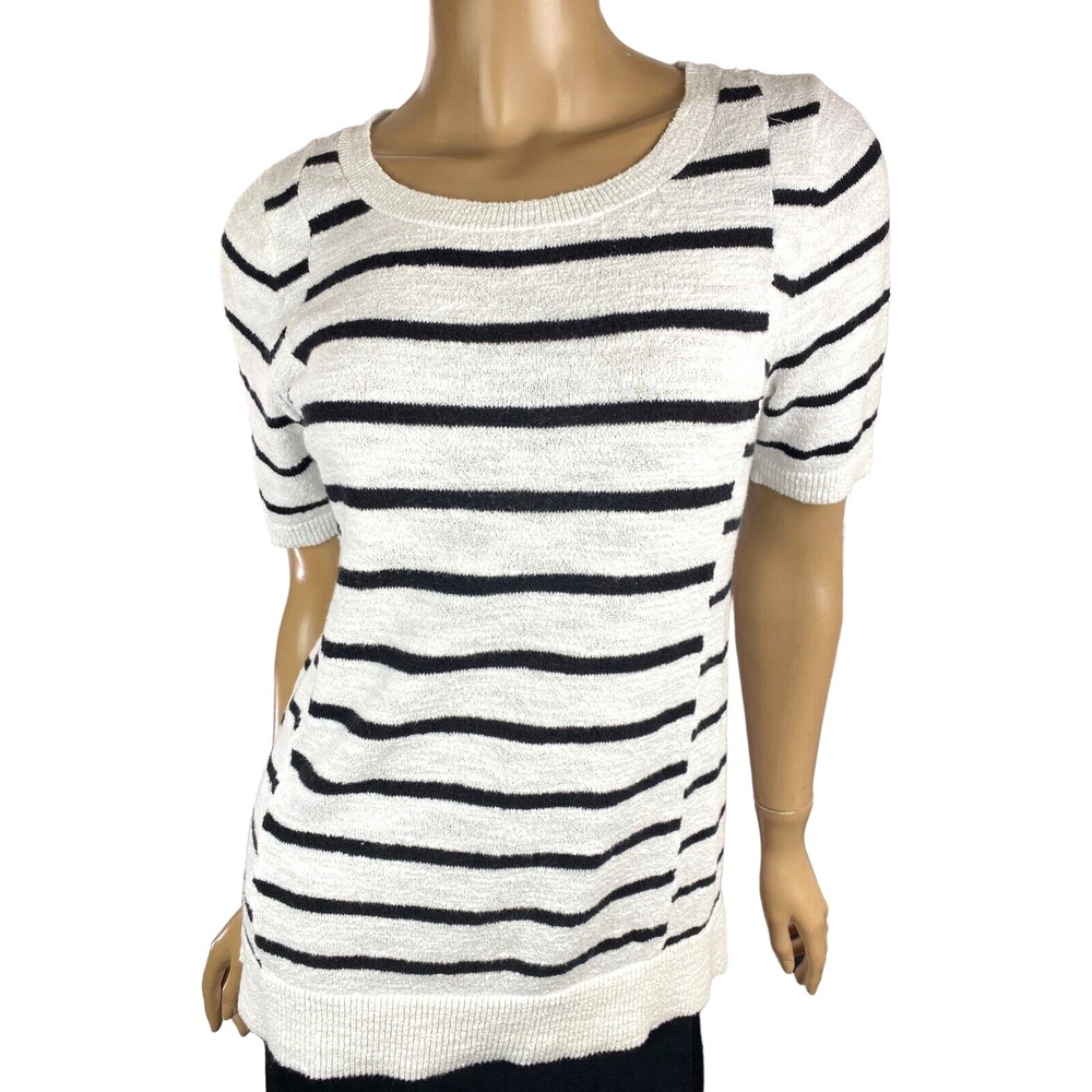 Loft Size S Knit Pullover Top White w/ Black Stripes Short Sleeves Cotton/Nylon